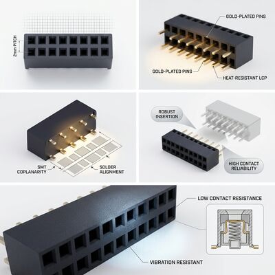 Shrouded Box Header Style 2.54MM Dual Row Female Connector Gold Flash PA6T Polarized Keyed PCB Through Hole